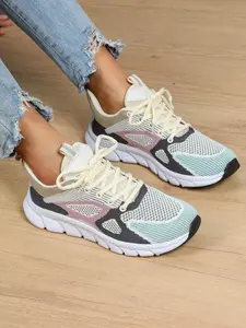 Women's Colorblock Patchwork Lace Up Low Top Sneakers, Casual Breathable Comfortable Sports Athletic Shoes, All-match Round Toe Chunky Sneakers for Daily Wear, Lightweight Athletic Sneakers, Patchwork Design Sneakers