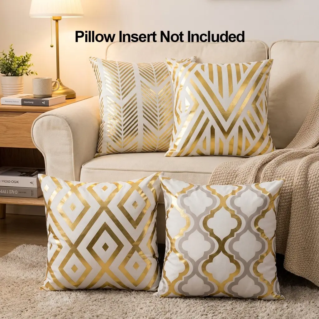 4pcs Boho Style Geometric Pattern Gold Foil Accent Throw Pillow Covers, Decorative Pillow Cover for Farmhouse Living Room, Bedroom and Couch, Home Decor and Party Decor, Bedroom Decorative Accessories, Single-Sided Printed, No Pillow Insert, 18x18 Inch