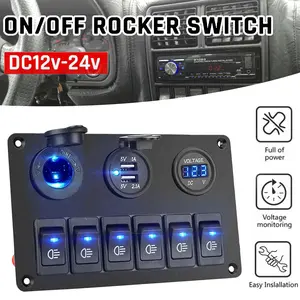 12V 6 Gang Rocker Switch Panel Blue LED Waterproof Breakers for Car, Marine, Boat, RV & Truck