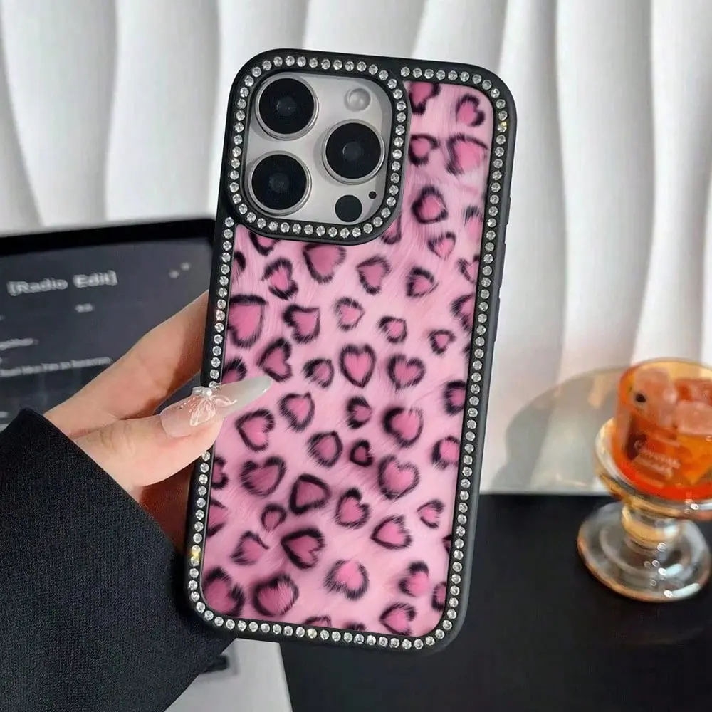 Pink Velvet Heart-Shaped Leopard Print TPU Smartphone Case - Diamond Accents, Flexible Cover, Multi-Layered Shockproof Protector, Durable Back Panel, Accessory for iPhone 11-17, Gift Idea