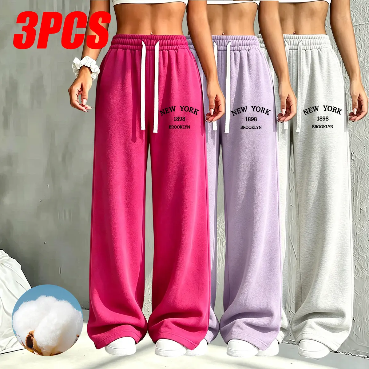 Three-pack women’s joggers featuring side pockets and an elastic waistband for a wide-leg casual fit; light gray casual athletic pants suitable for everyday wear and formal outfits; machine washable, non-see-through fabric; comfortable joggers.