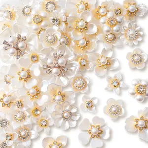 42pcs Flower Pearl Rhinestone Buttons, Faux Pearl Rhinestone Buttons Embellishments, Sparkly Flower Decorations Accessories for Wedding Party DIY Craft- White