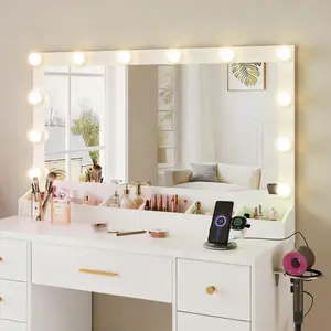 LAKEMID 49.3-inch Extra-Large Vanity Table with Lighted Mirror, 12 Three-Color Adjustable LED Lights, Plus a Free Set of Rainbow Lights; Features 7 Drawers and a Pull-Out Storage Cabinet; Bedroom Makeup Mirror; Perfect Gifts(White)
