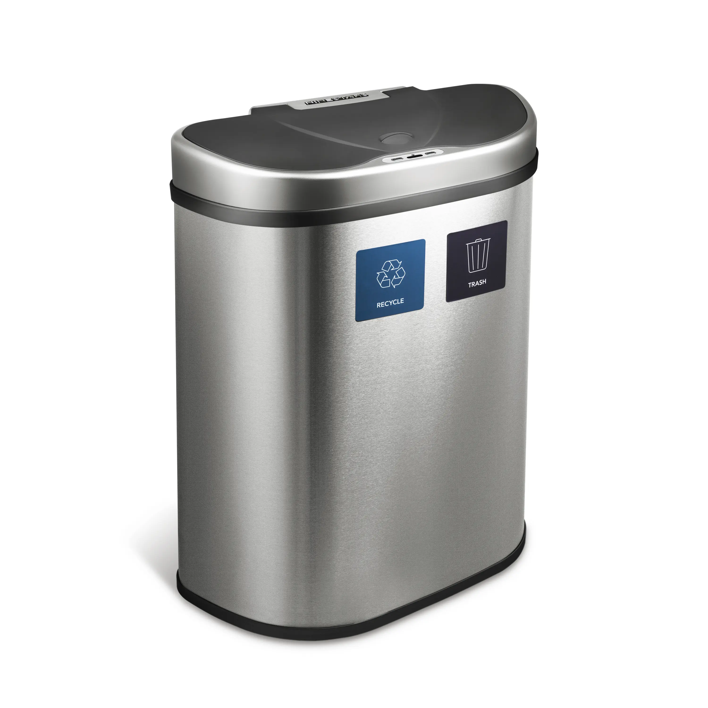 NINESTARS 18 Gal 70L, Automatic Touchless Infrared Motion Sensor Trash Can,  Dual Recycle Bins, Heavy Duty Stainless Steel Base (Oval, Silver/Brush Lid)