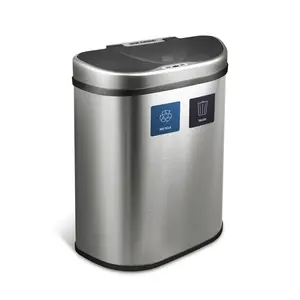 NINESTARS 18 Gal 70L, Automatic Touchless Infrared Motion Sensor Trash Can,  Dual Recycle Bins, Heavy Duty Stainless Steel Base (Oval, Silver/Brush Lid)