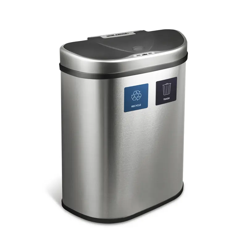 NINESTARS 18 Gal 70L, Automatic Touchless Infrared Motion Sensor Trash Can, Dual Recycle Bins, Heavy Duty Stainless Steel Base (Oval, Silver/Brush Lid)