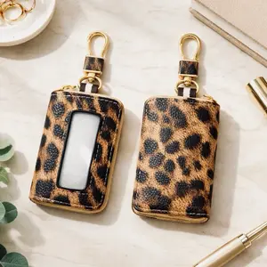 Car Key Holder Case with  Leopard Print , PU Leather Zipper Key Wallet with Front Window, Anti-Loss Fashion Keychain Organizer Car Key Protector