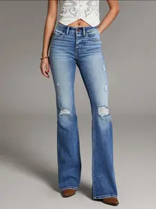 Women's Retro Ripped Flare Jeans, Slim-Fitting Lightweight Denim Pants for All Seasons, Stylish Casual Essential for Ladies