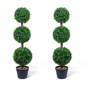 2 Pack Triple Ball Boxwood Topiary Tree, 3FT Realistic Indoor Outdoor Faux Greenery with Black Planter, Perfect for Entryway Patio Home Office Decor