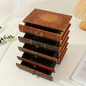 Minimal Nest Shop Vintage 5-Tier Book-Shaped Wooden Storage Box, American Style, Classic Design with Drawers & Base - Ideal for Jewelry, Crafts & Bedroom Decor, Light Brown, Desk Accessory|Vintage Style|Decorative Finish, Shelf Decor
