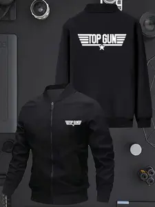 Men's Pilot Jacket with Top Gun Logo Wings & Star Badge, Heavyweight Aviation Bomber Coat, Zipper Flight Suit for Winter/spring/autumn, Casual Athletic Jacket, Casual Jackets