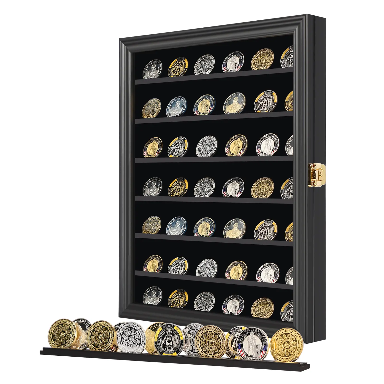 Large Black Wood Lockable Military Challenge Coin Collector Organiser Display Cabinet - Wall-Mount Acrylic Anti-Dust Door, Removable 2-Groove Shelves, Display Container for Coins, Casino Poker Chips, Father’s Day Gift, Collector Display