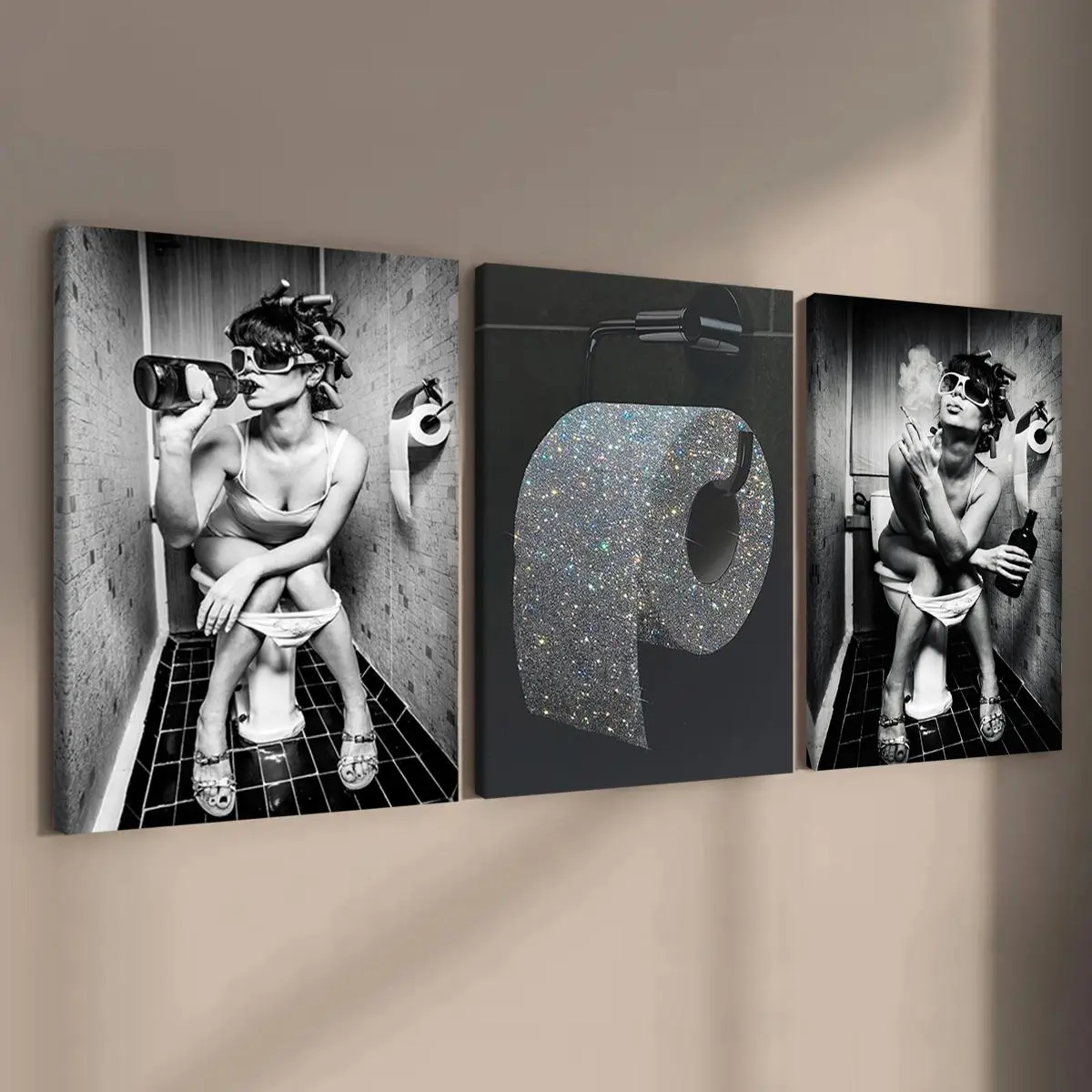 Framed Wood Canvas Painting - 3-Count Modern Statement Art with Bathroom Woman Pattern, Bathroom Accent & Room Art for Home Living Room Office