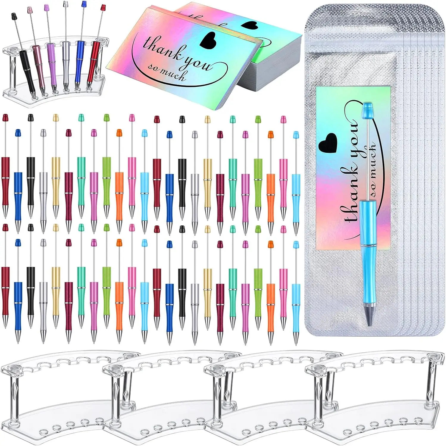 148 Pcs Beadable Pen Set Back to School Gift,Including 48 Plastic Beadable Pen,48 Resealable Pouch Bag,48 Thank You Cards,4 Pcs Plastic Pen Holder Clear Display Stand for Student,Hand Tools Kits
