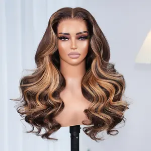 Arabella Hair H427# Chocolate Brown Wig with Honey Blonde Skunk Stripe Highlights 13x6 Ear to Ear Glueless Wig Body Wave 100% Human Hair Wig