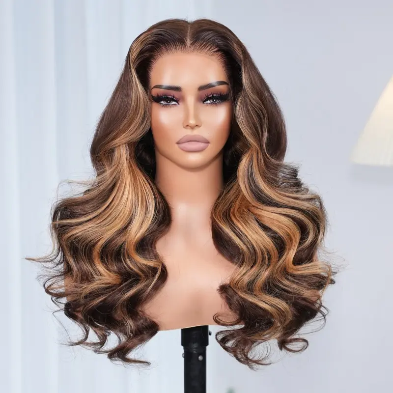 Arabella Hair H427# Chocolate Brown Wig with Honey Blonde Skunk Stripe Highlights 13x6 Ear to Ear Glueless Wig Body Wave 100% Human Hair Wig