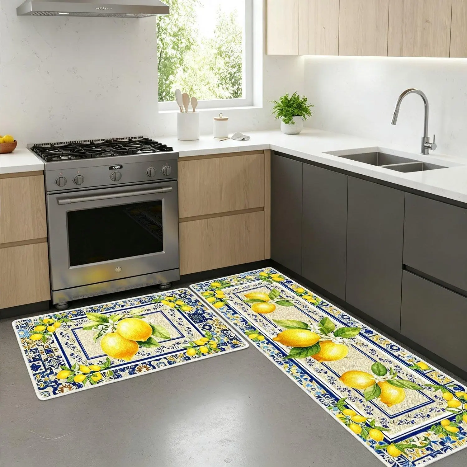 1PCS Lemon Kitchen Mats Mediterranean Rugs Non Slip Yellow Blue Mediterranean Kitchen Rugs Non Slip Floor Home Deco