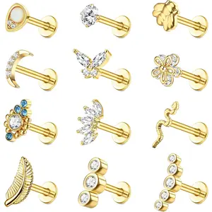 MILACOLATO 12PCS Female Trendy Jewelry Set, 316L Stainless Steel 16G Internally Threaded Easy-Wear Earrings & Lip Rings, Cartilage Helix Labret Tragus Conch Piercing Studs