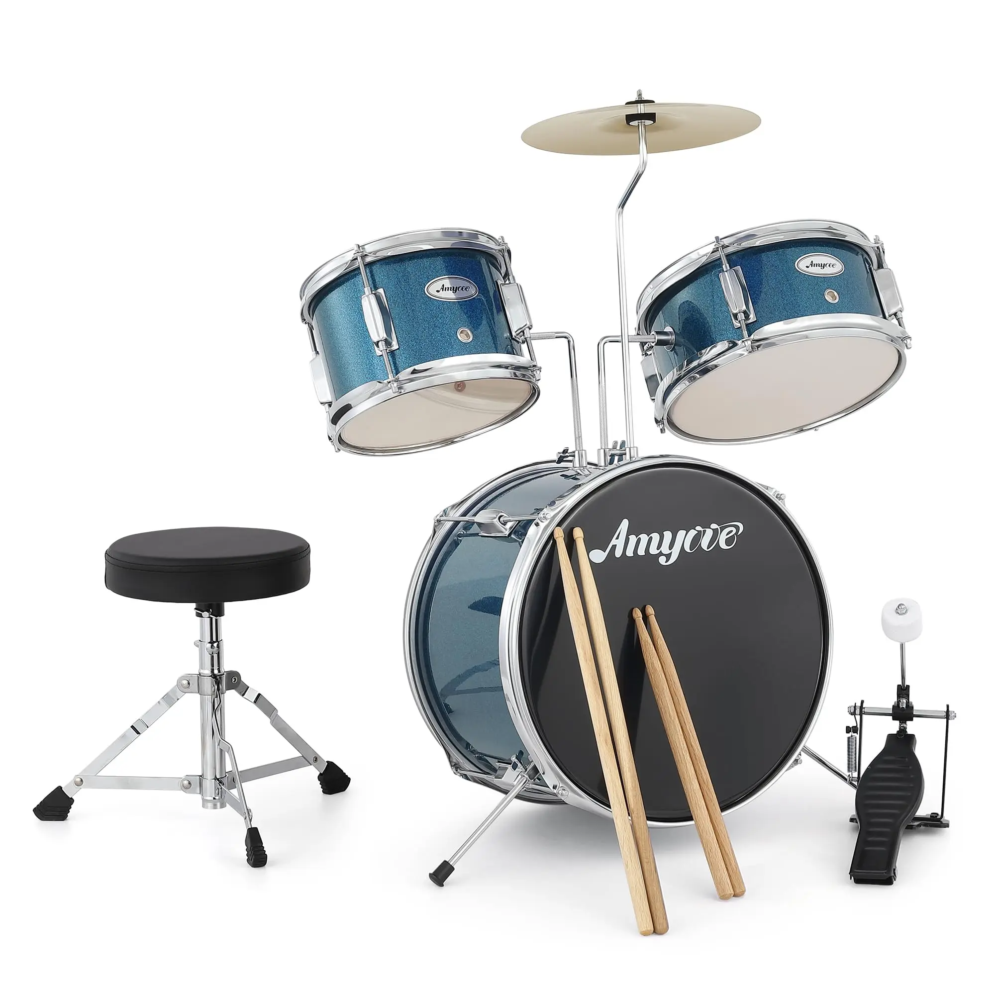 【GARVEE】3 Piece Junior Drum Set for Beginners with Bass, Tom, Snare Drum, Cymbal, Drumsticks, and Adjustable Seat - 14.76 Inch Blue Drum Kit for Young Musicians