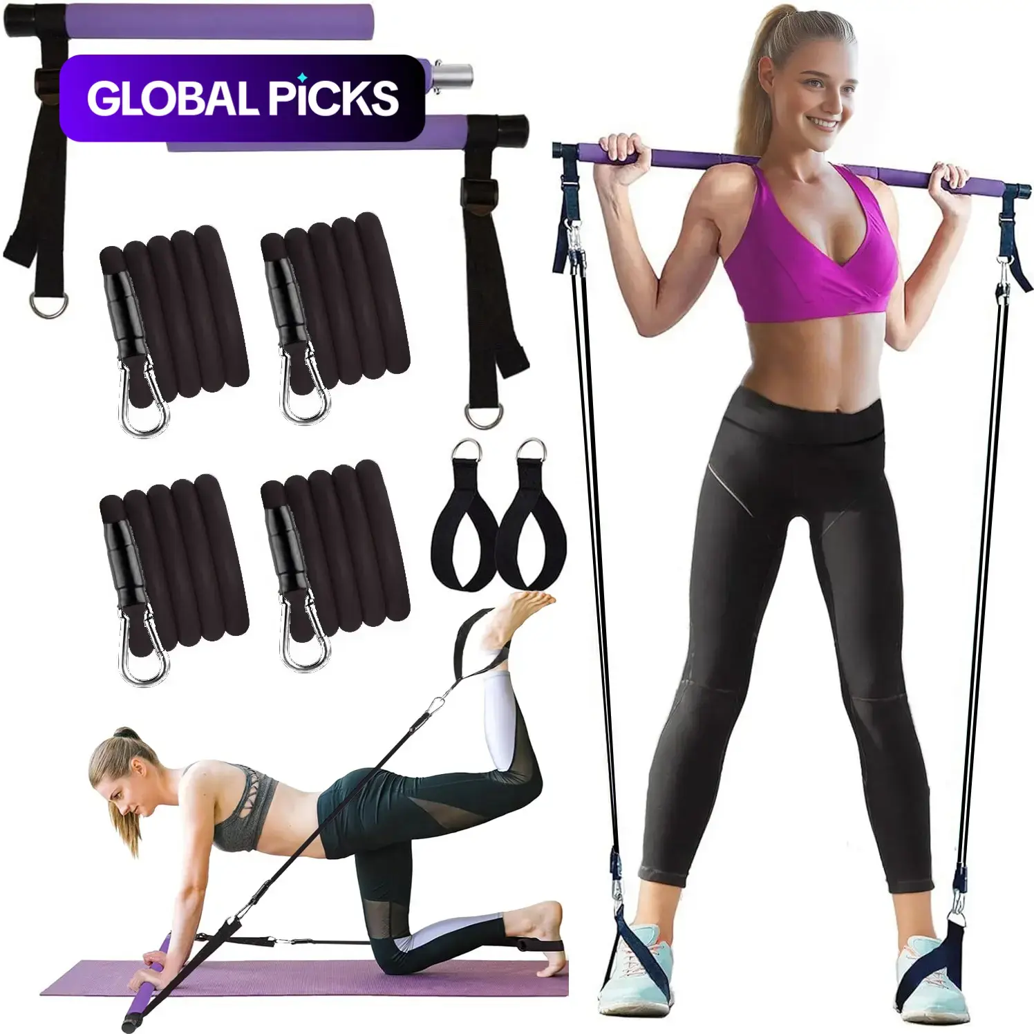 Pilates Bar Kit with Resistance Bands, Portable Stretching Equipment for Legs, Hips and Squat Workouts, Adjustable 3-Section Pilates Bar for Home Workouts, Yoga Fitness Equipment for Women and Men #GLOBAL PICKS