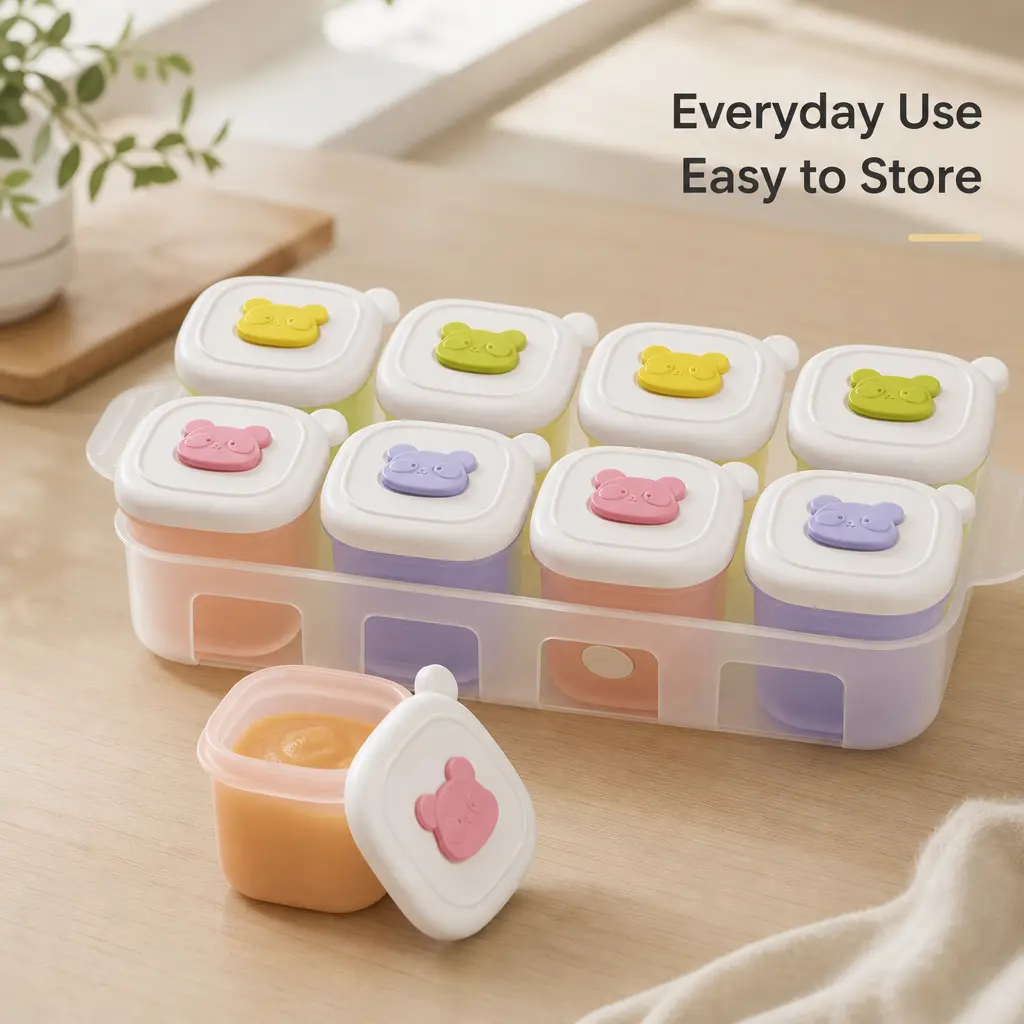 Silicone Food Storage Containers Set, 8 pieces with bear decorated lids and storage tray, BPA free compact size for snack and food storage in daily kitchen
