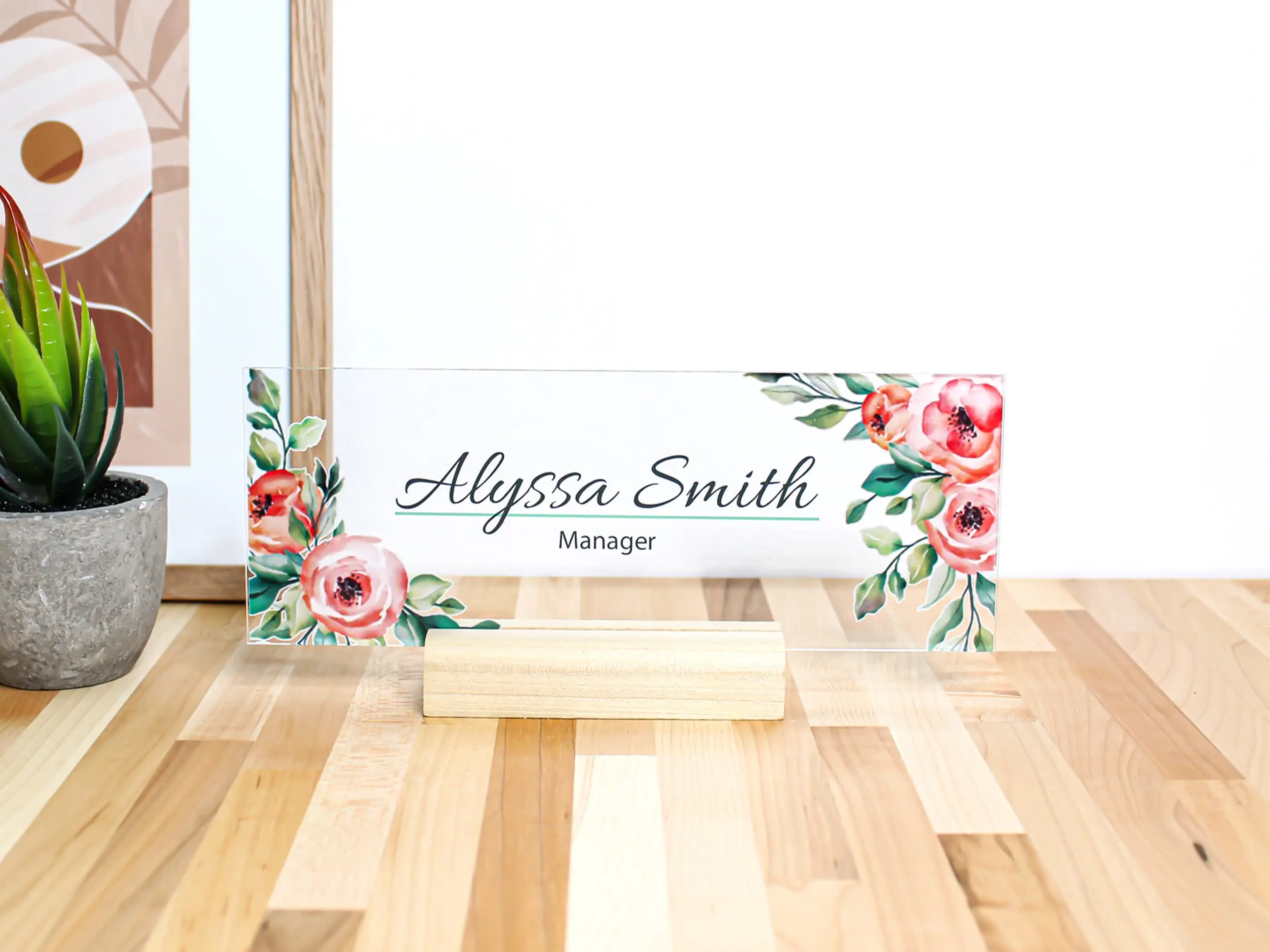 Personalized name plate for desk | floral wild clear acrylic glass | custom office decor nameplate sign | personalized gift