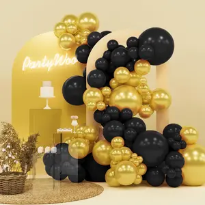 PartyWoo Thick Round Rubber Balloon Arch Kit, 140pcs 18/12/10/5in Black & Metallic Gold Balloons for Birthday, Anniversary Decorating Party Supplies