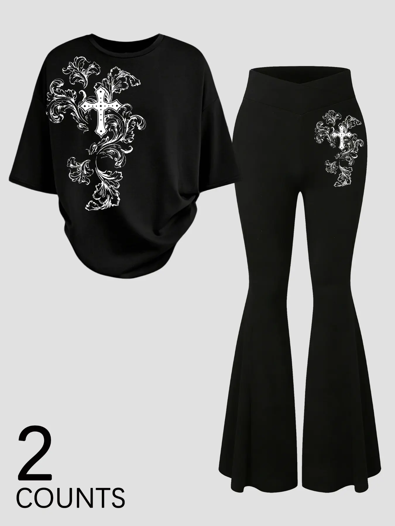 Two-piece set of leggings and t-shirt with Gothic floral cross, Short Y2K dark aesthetic Casual style Streetwear, perfect for young people's everyday summer street wear Outfit.