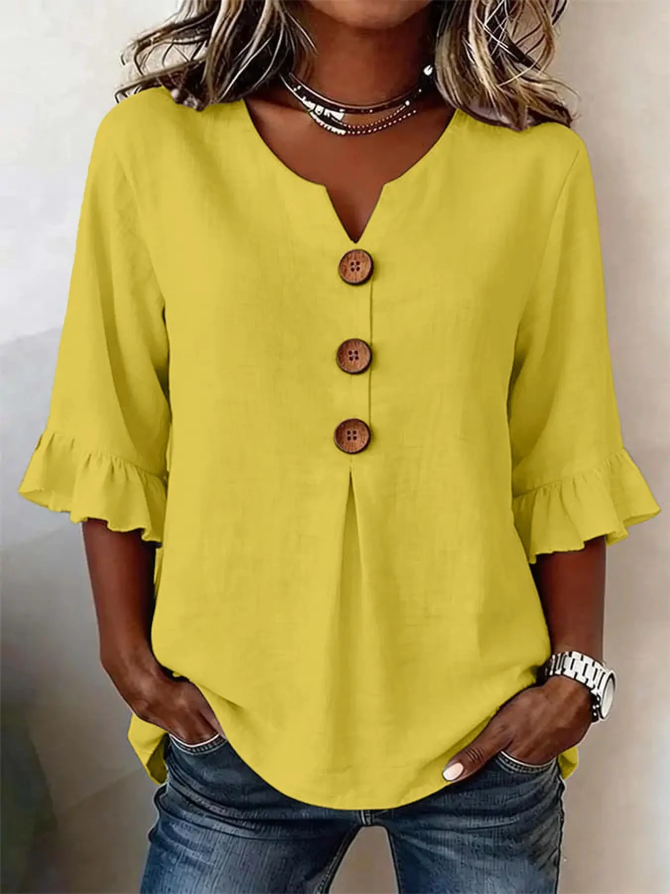 Summer Casual V Neck Wood Button Ruffle Three-Quarter Sleeve Top, Loose Fit Solid Color Blouse Shirt for Women, Comfortable and Stylish