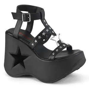 Demonia Dynamite-12 Black Vegan Leather Sandals with 5" Star Cutout Platform Wedge & Silver-Tone Star Studs for Women's Casual Night Out Footwear