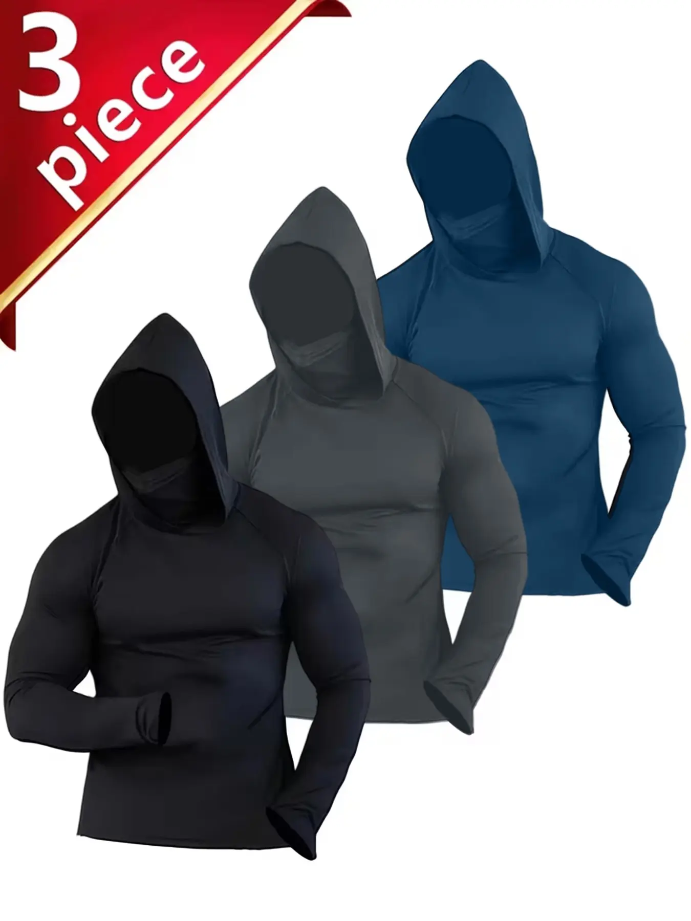 3 Pack Men's Hooded Balaclava Long Sleeve Shirt, Gym Shirts, with Thumb Holes, Quick Dry Sun Protection Compression Base Layer, Breathable Hoodie for Cycling, Fishing, Hiking, Workout