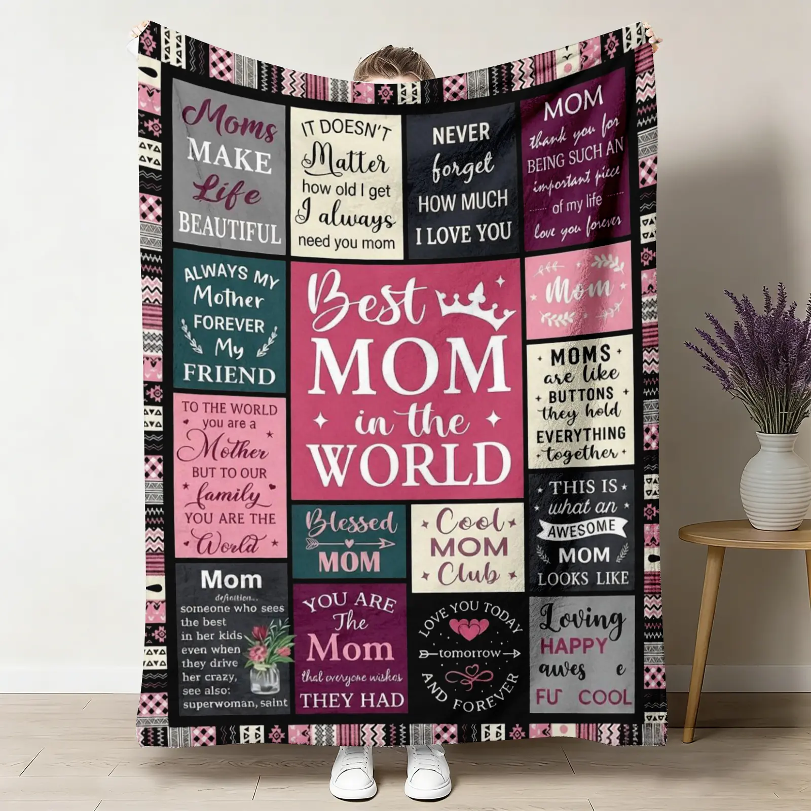 Flannel Marshmallow Blanket Throw - Pink-Black Collage, 'Best Mom In The World' 'Always My Mother Forever My Friend' Graphics, Soft Cozy Warm, Multi-Size, Machine Washable, Wrinkle-Free, Mom Gift for Kids, Mother's Day Birthday Decor for Bedroom Couch, Wr