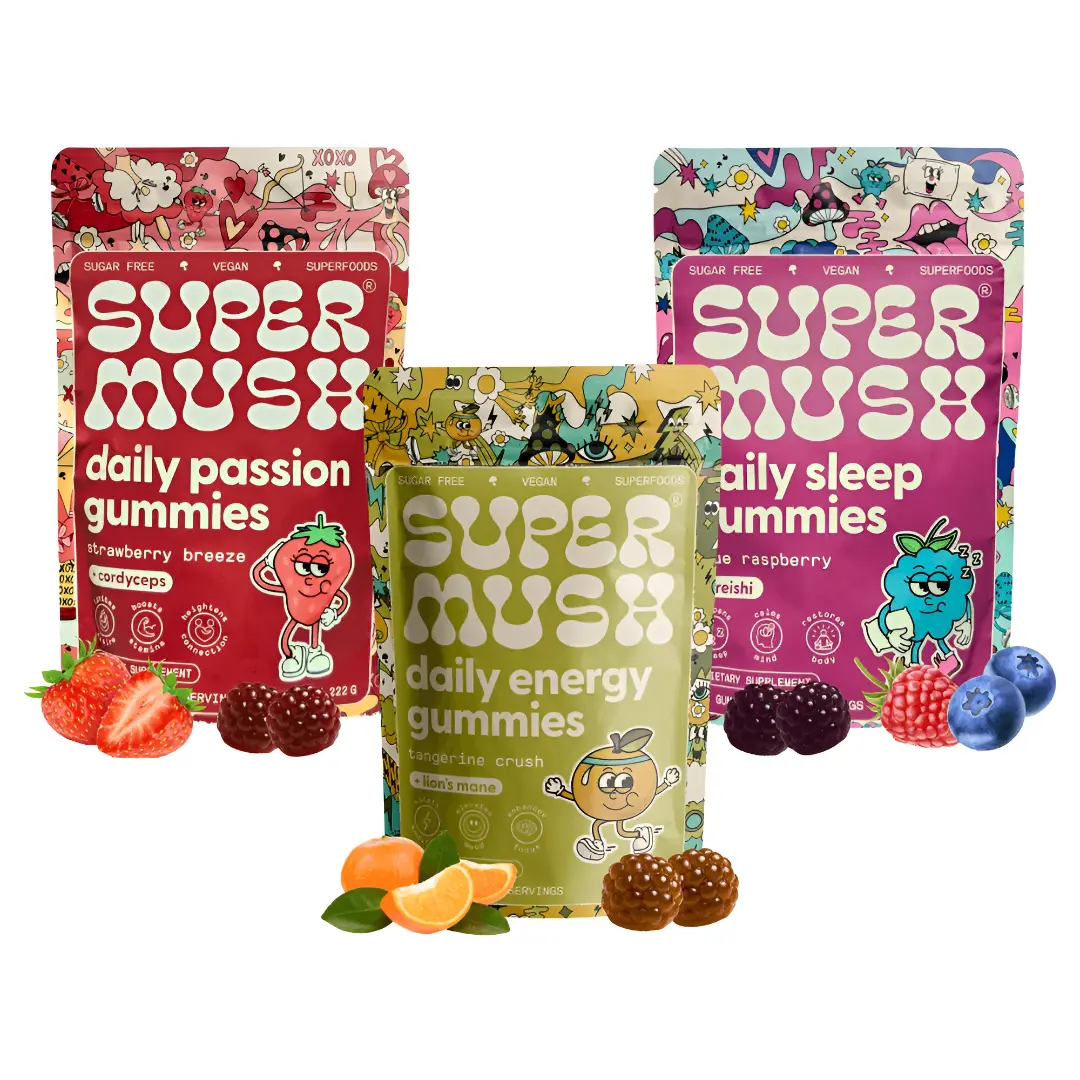 SuperMush Mushroom Gummies Trial Bundle (10 Gummies Pack Bundle) - Dietary Selfcare Kit with Ashwagandha, Cordyceps - NSF Certified, Natural, Organic, Vegan, Sugar-Free Supplement for Focus, Energy, Sleep, Passion