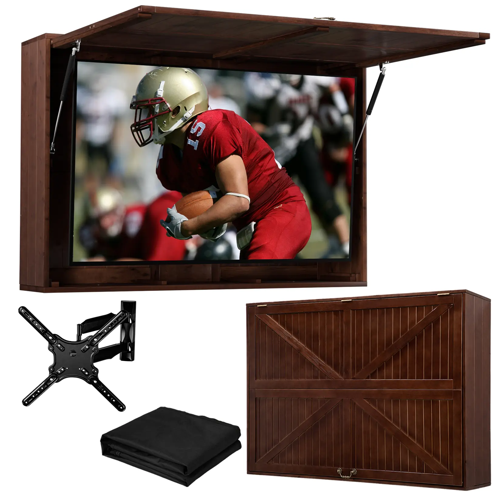 AHB Sturdy Solid Spruce Waterproof TV Stand, 32-55 in Enclosure with 600D Water-Resistant Cover, Flip-Up Door Hard Case, Adjustable Wall Mount Bracket, Wooden TV Console Furniture, Assembly Required