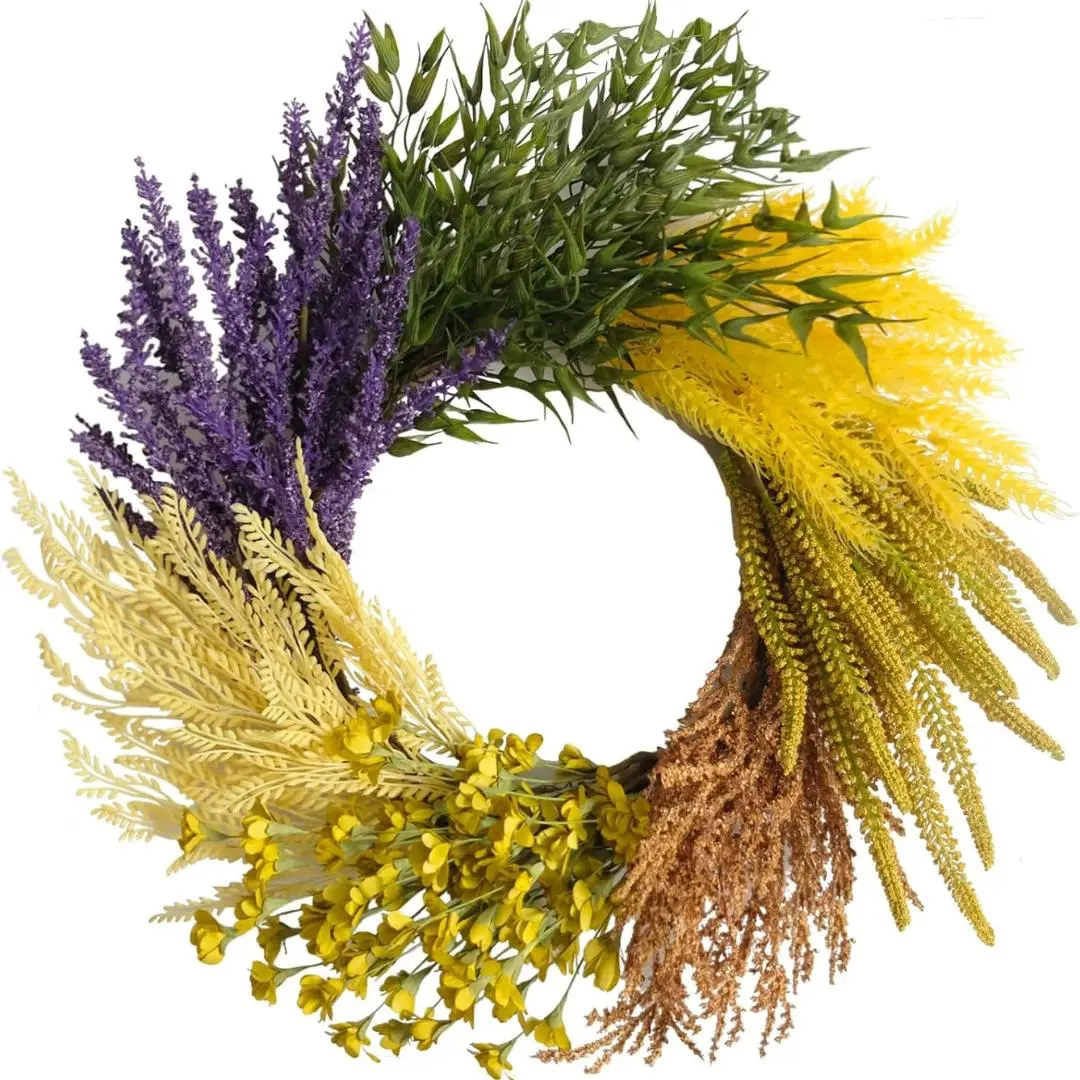 20 Inch Fall Harvest and Thanksgiving Day Front Door Flower Wheat Wreath for Home Decor, Autumn Orange Color Wild Flower Wreath with Lavender for Indoor and...