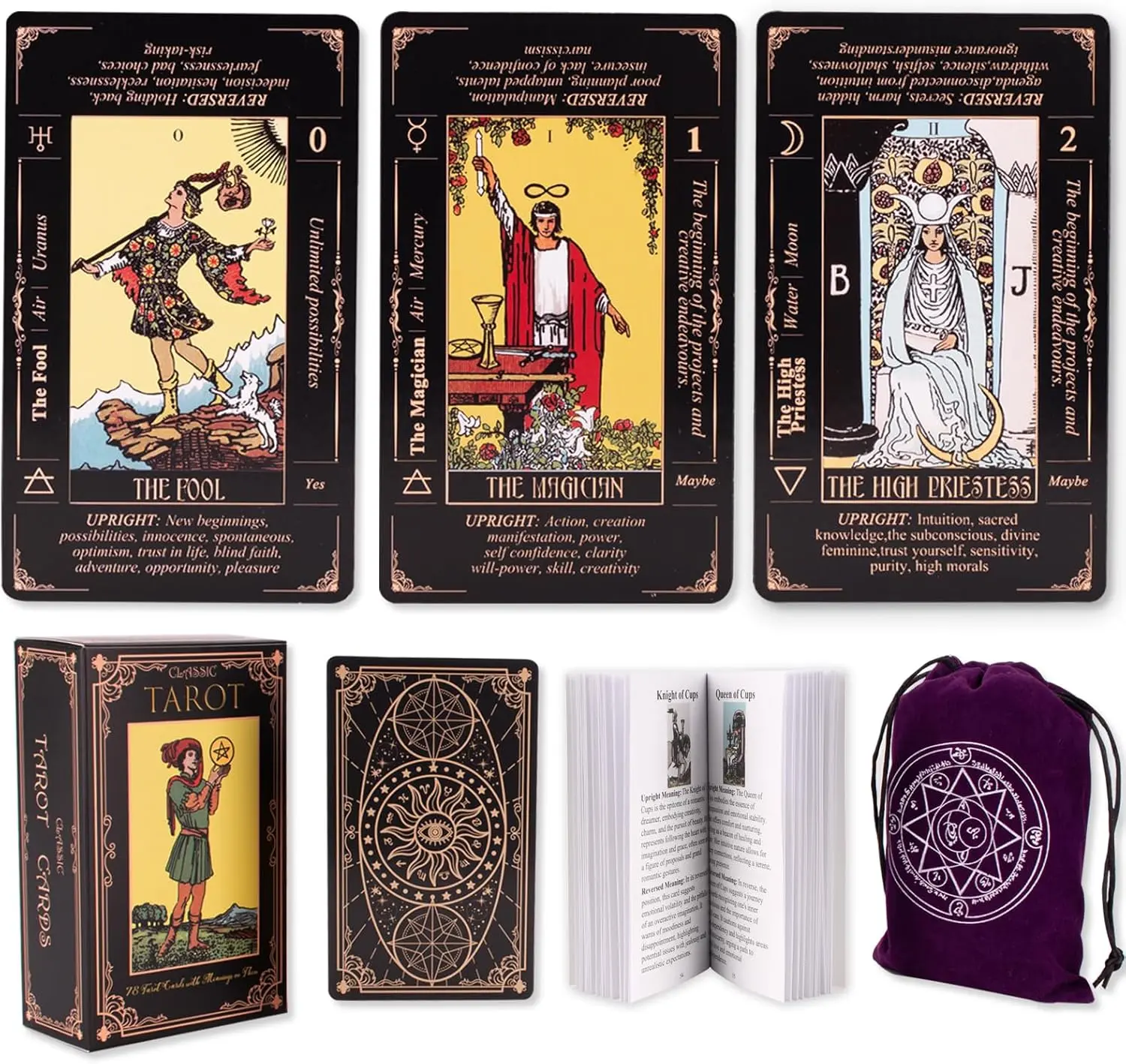 Tarot Cards for Beginners, Classic Tarot Deck with Meanings, Durable Cards with Guide Book, Black