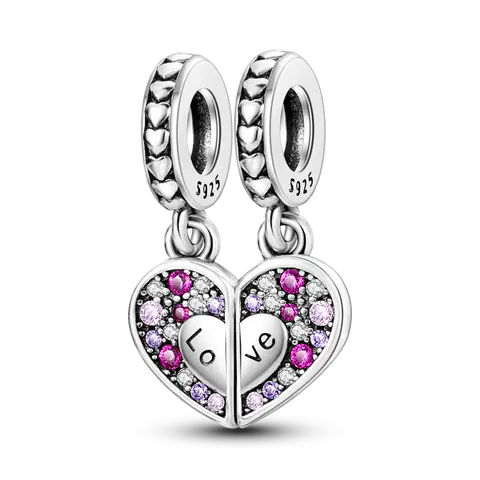 MULA Silver-Plated 2-Piece Split Heart Pendant Charm Necklace - Bright Cut Sparkling Zirconia, Bracelet-Compatible, Heartfelt Design Charms & Pendants, Daily Wear Sentimental Gift Ideas for Mothers (Anniversary Ready), Love Symbol, Female