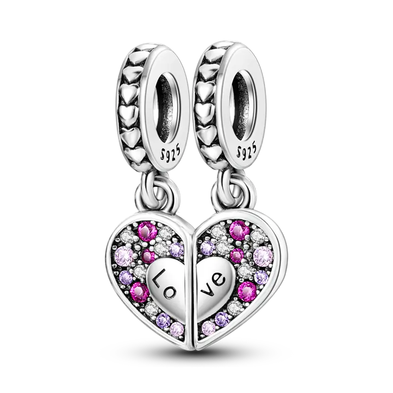 MULA Silver-Plated 2-Piece Split Heart Pendant Charm Necklace - Bright Cut Sparkling Zirconia, Bracelet-Compatible, Heartfelt Design Charms & Pendants, Daily Wear Sentimental Gift Ideas for Mothers (Anniversary Ready), Love Symbol, Female