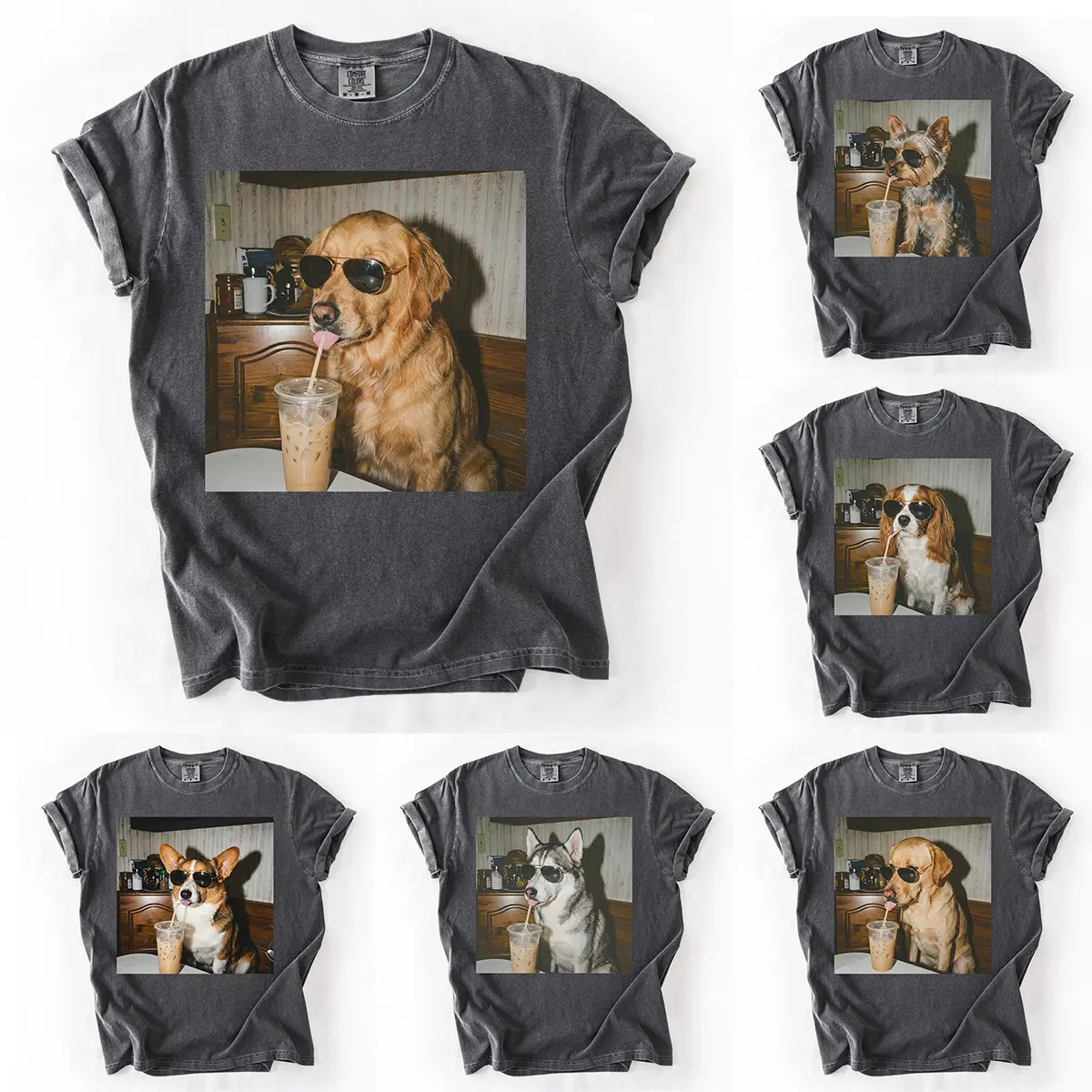 Women's 50+ Dog Breeds Iced Coffee T-Shirt - Grunge Frenchie Graphic, Vintage Aesthetic, Cute Tee for Dog Lovers (Golden Retriever, Yorkie Fans)