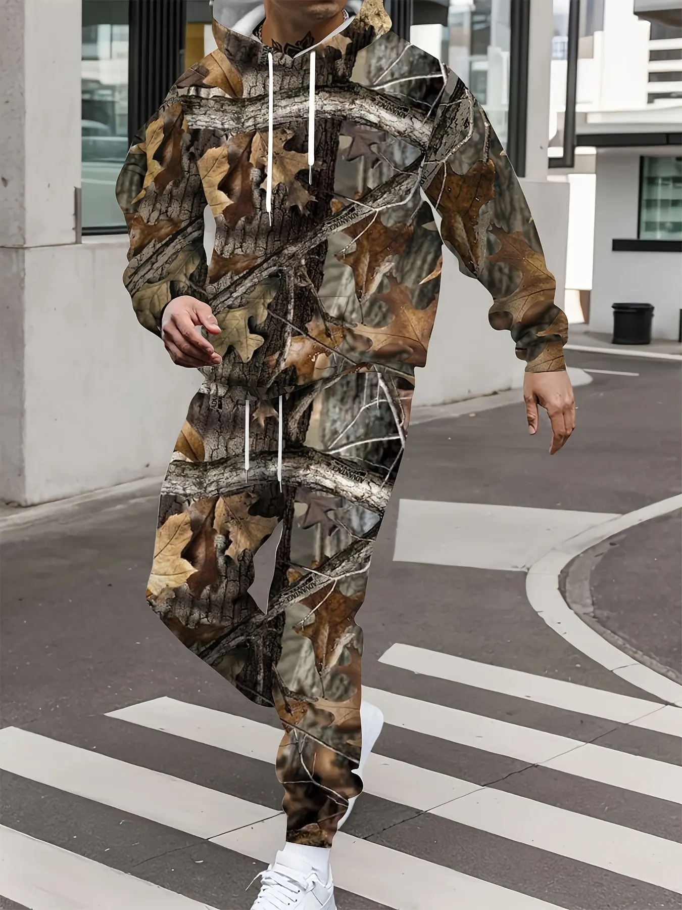 Men's 2-Piece Leaf Print Cowl Neck Long-Sleeved Hooded Polyester Sweatshirt & Pants Set - Loose-Fitting, Thick Warm Autumn Winter Casual Outfit, Graphic Knitting, Cold Wash, Do Not Bleach, Athletic Jumpsuit, Sporty Comfy Jumpsuit