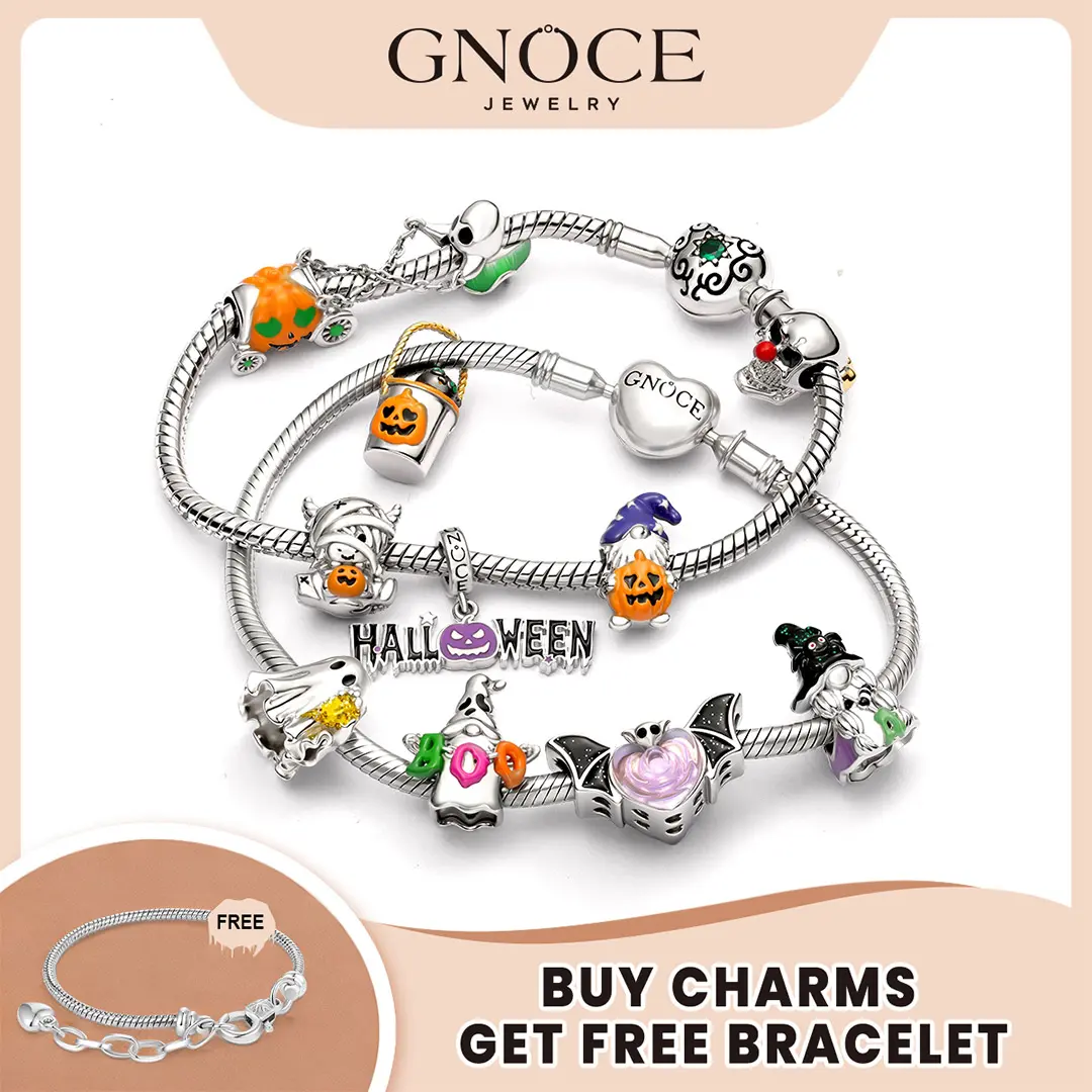 GNOCE Halloween S925 Silver Gothic Charm Beads for Youth & Adults, 0.45cm, Enamel Details, Cubic Zirconia, Spooky Designs (Bat,Pumpkin,Skull,Clown,Gonk Gnome,Black Cat), Fits Snake Bracelet,Bangle,Major Brand Necklaces,Female Costume Jewelry, Gothic Punk,
