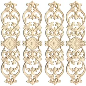 4 Pcs Decorative Wood Carved Appliques Onlays, 3 x 12 inch Unpainted Wood Long Carving Decal for Furniture Cabinet Bed Wardrobe Closet DIY Decoration (12 * 3inch-4pack)