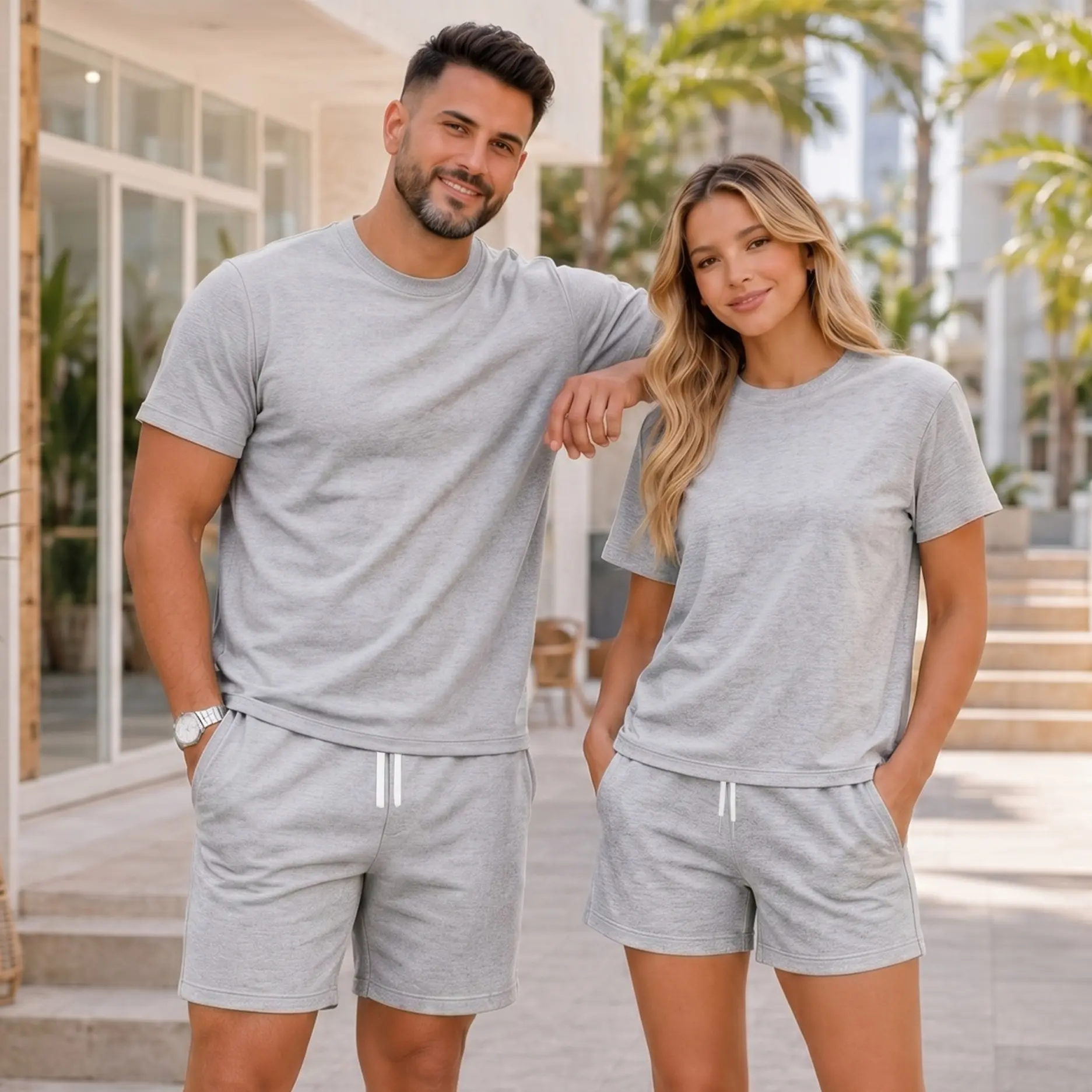 Couples’ Matching Short Sleeve T-Shirt and Shorts Set, Casual Summer Two-Piece Outfit with Crew Neck Tops and Drawstring Shorts for Daily Wear