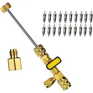 Valve Core Removal HVAC Tool, AC Schrader Valve Removal Tool with Dual Size SAE 1/4 & 5/16 Port, R410 R32 Brass Adapter Air Conditioning Line Repair Tools for Refrigerationgift