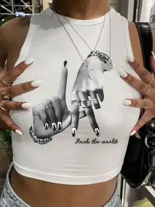 Women's Slim-Fitting Round Neck Sleeveless Top, Gesture Print Fashion Comfortable Casual Shirt, Perfect for Daily Wear