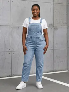 Women's Light Color Denim Jumpsuit, Overalls, Slim-Fitting Long Jeans, Casual Plain Design, All Seasons Wear, No Elasticity, Denim Fabric