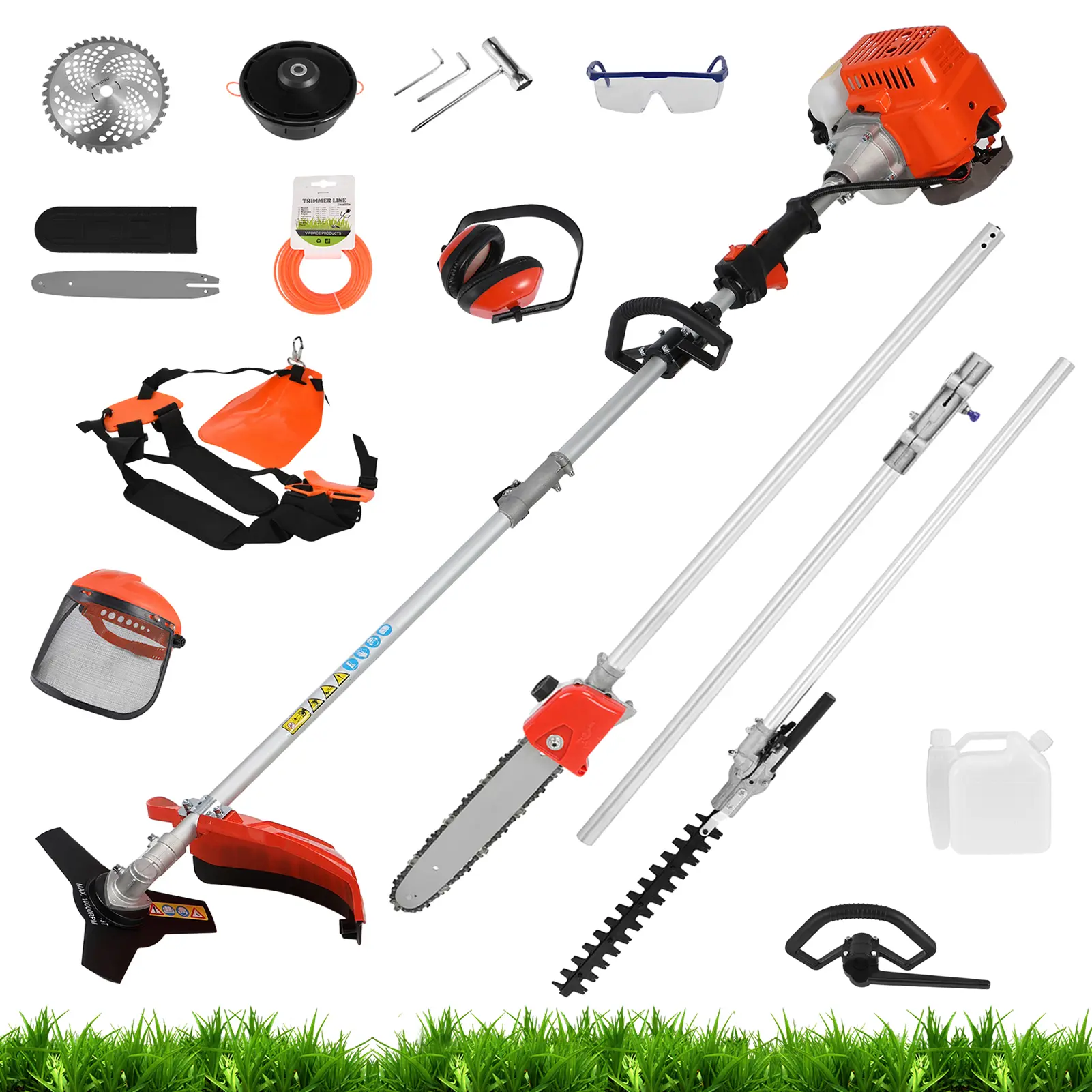 6 in 1 Lawn Mower, 52CC Gas Weed Trimmer, Cordless Hedge Trimmer, 2-Stroke Brush Cutter, Handheld Chainsaw Hedge Pruner, Grass Trimmer Handle, Cordless Shrub Trimmer