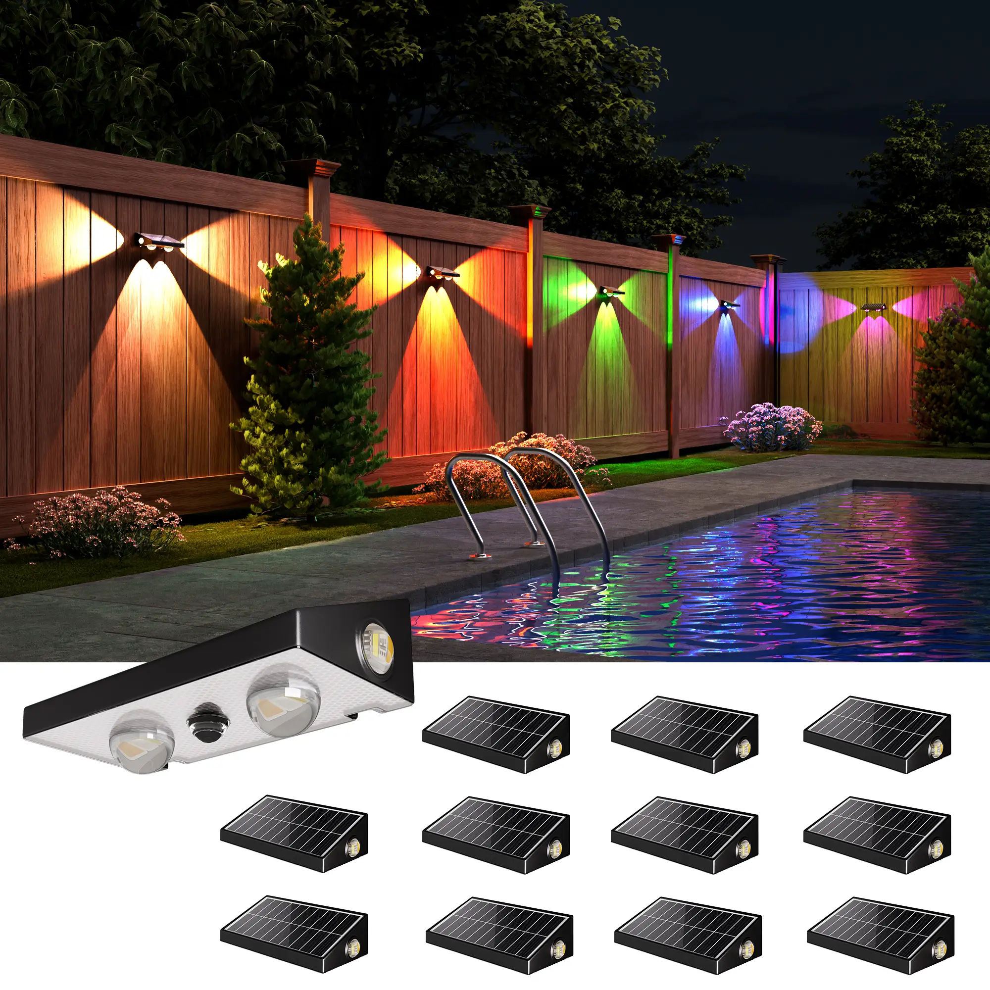 JACKYLED Solar Fence Lights 3-Way Lensed LED 10 Modes RGBCW Multi-Color 50 Lumens IP65 Waterproof for Outdoor Garden Backyard Wall Pool Decor