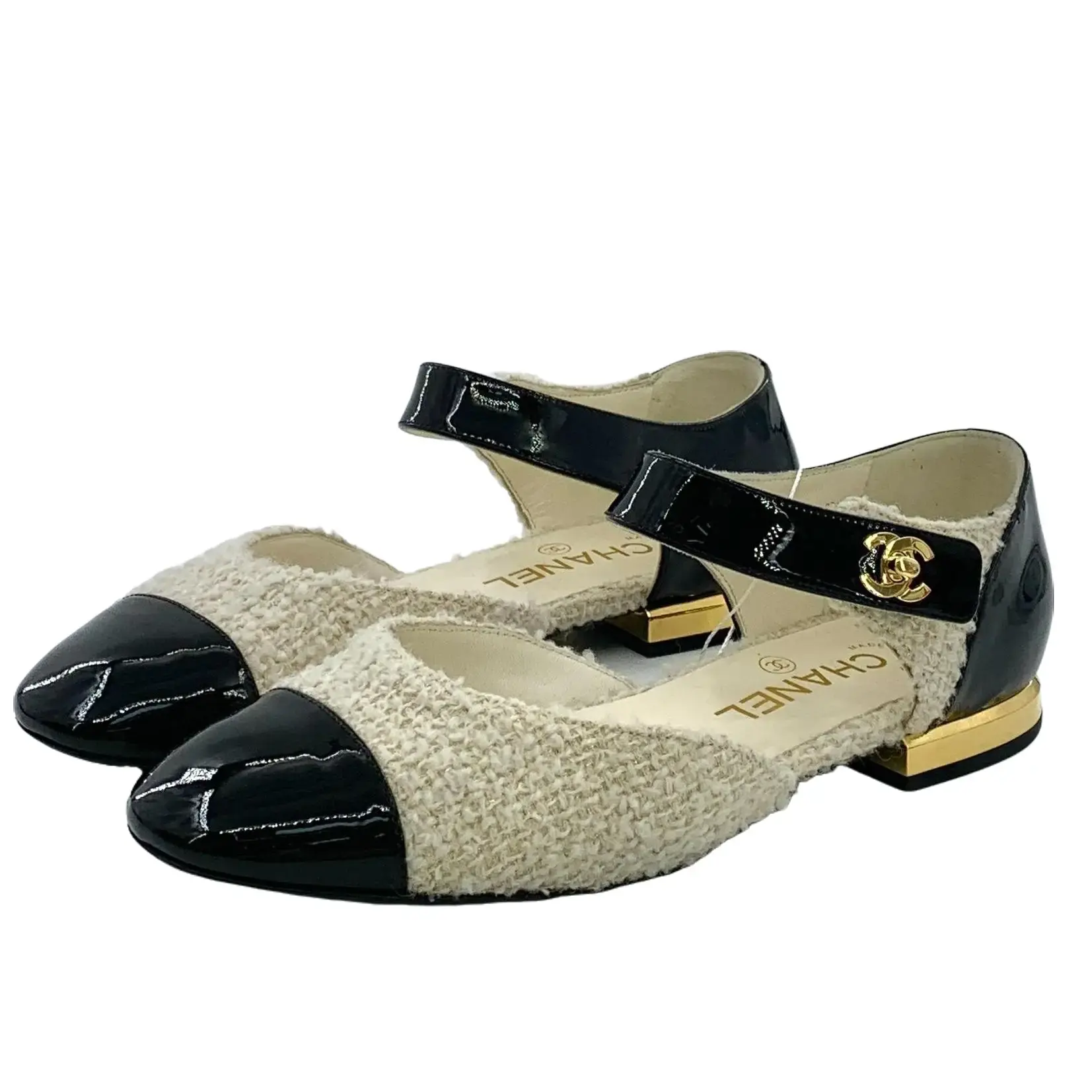 RDLT-Chanel Size 37.5 Beige Round Toe Tweed Leather Mix Buckle Strap Flat Shoes-J37151