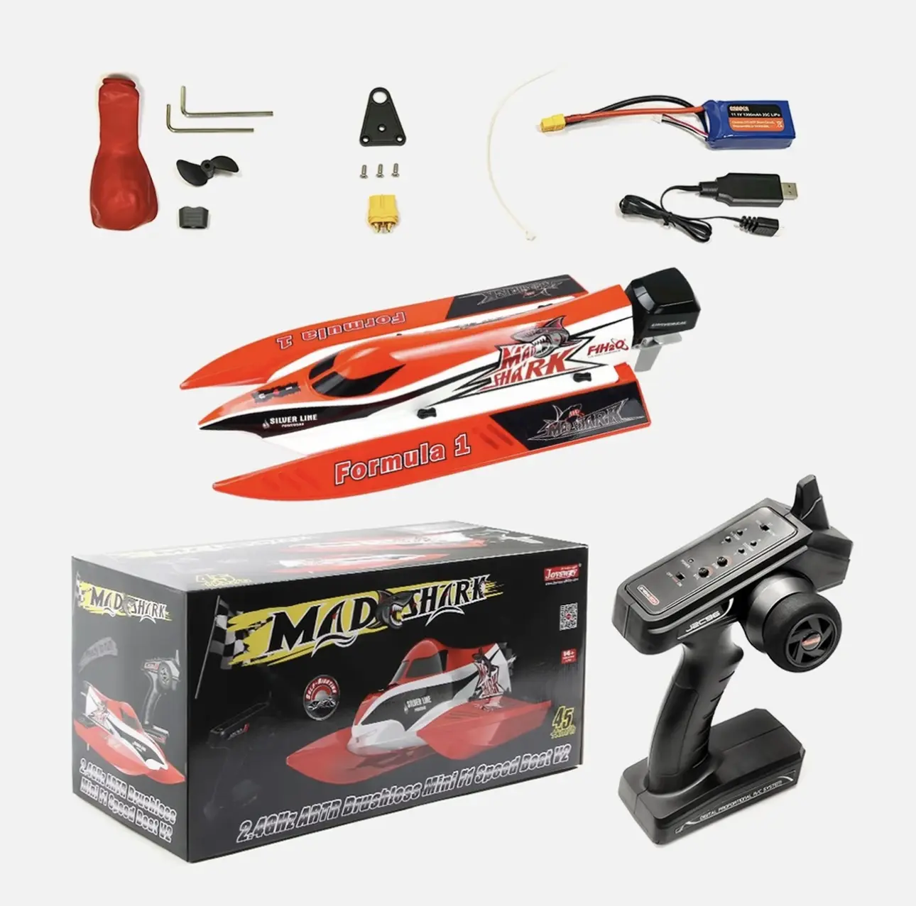 Mad Shark V2 443mm F1 Brushless Power Speed Boat 2.4GHz RTR,Fast Brushless RC Boat Waterproof Self Righting Electric RC Speed Boat for Adults,for Lake & Pool,beginner RC boat,gi remote control boat ,high speed RC boat fast, RC racing boat